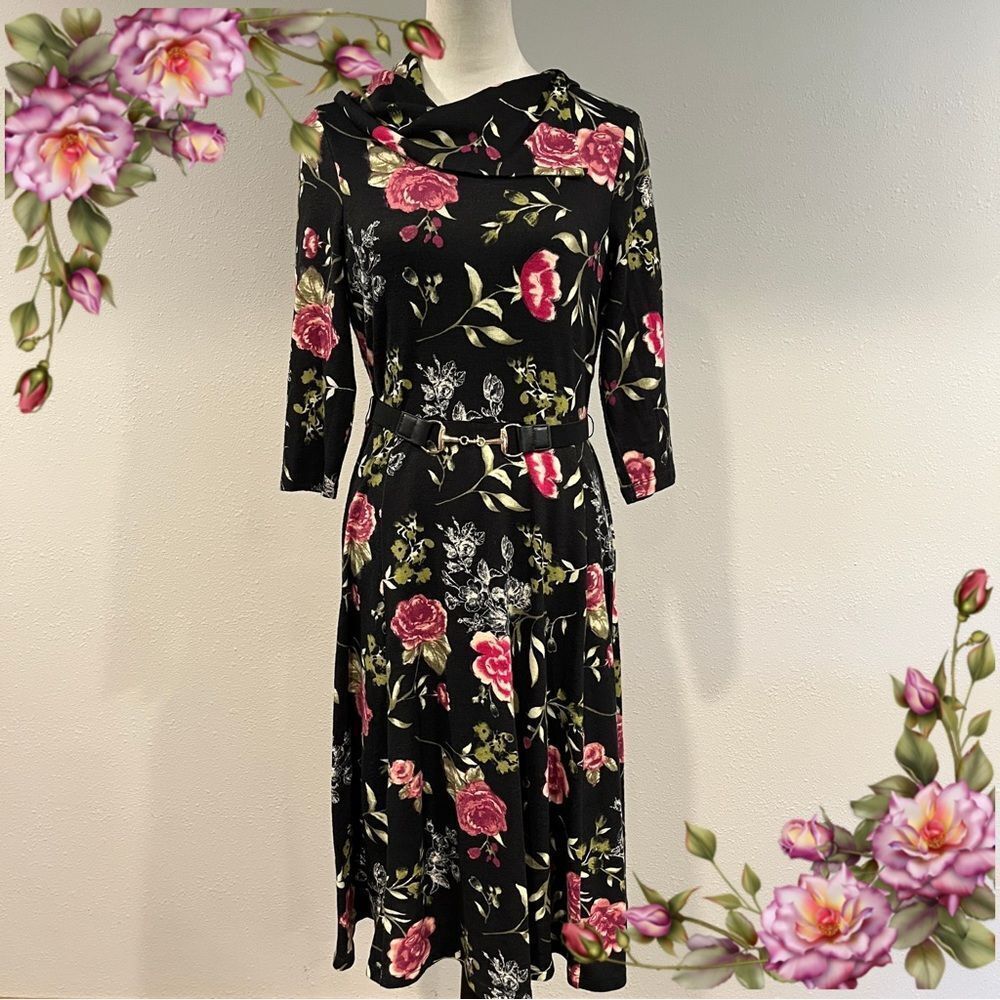 Elle Floral long sleeve cowl neck sweater dress size medium‎